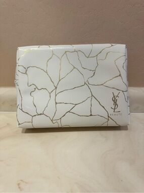 Yves Saint Laurent White Cosmetic Pouch with Gold Vein Detail